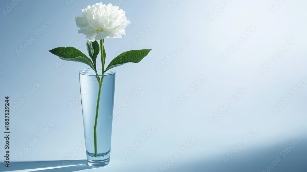 Obraz premium Minimalistic Arrangement of a Single White Peony Flower in a Tall Glass Vase on Soft Background
