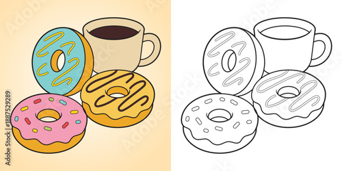 Cute donut and drink coloring page for kids, featuring colorful donuts and clean line art. Main objects and background are separated, ideal for coloring activities, worksheets, and print use