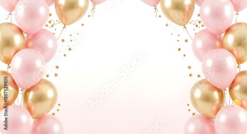 Pink and gold balloons with confetti on white background