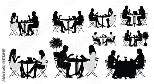 People sitting at table silhouette set