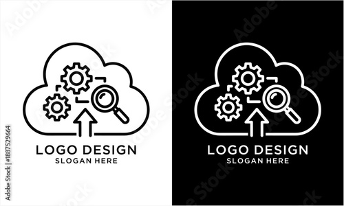 Cloud computing logo with gears and magnifying glass for data analysis and optimization.