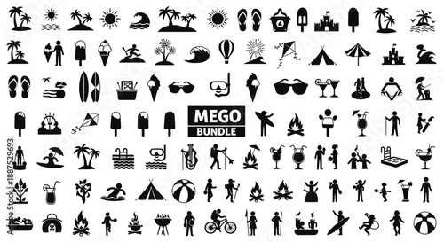 Summer vacation icons collection featuring travel and leisure