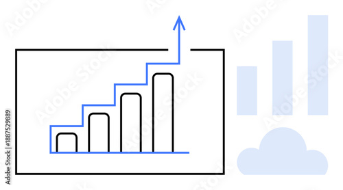 Business growth. Business growth by a rising bar chart and an upward arrow indicating success. Business growth relates to profits, data analysis, forecasting, and cloud strategy. For financial