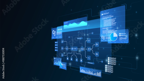 AI workflow automation artificial intelligence. ai agent workflow diagram dashboard machine learning showing data analytics, code execution, and cloud system architecture.