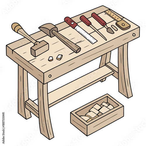 Woodworking bench with tools