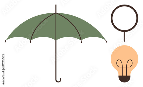 Creativity, innovation, protection, minimalism, design concepts, simplicity. Green umbrella alongside minimal light bulb and loop symbol. Creativity and innovation concept with abstract design