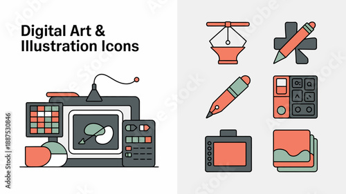 a collection of digital art and illustration icons depicting tools like drawing tablets styluses cameras and color palettes showcasing creative technology high quality professional detailed modern