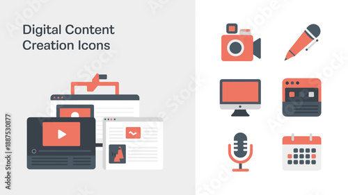 digital content creation icons featuring a camera microphone computer pen calendar and editing software are displayed in a modern design high quality professional detailed elegant stylish