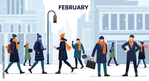 Flat Design Illustration of People Walking on a Busy City Street in February