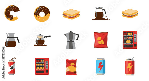 A collection of various snack foods, coffee beverages, and vending machines on a white background, depicting common convenience items.