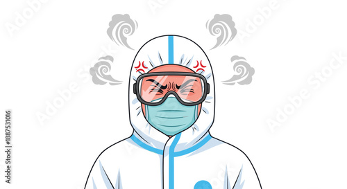Frustrated healthcare worker wearing a full protective hazmat suit and goggles looks angry with steam rising from his head.