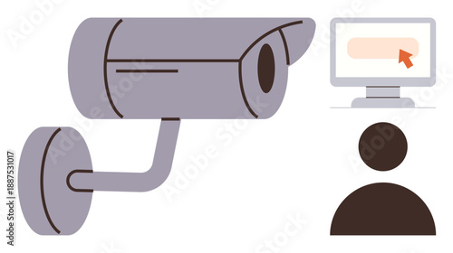 Security systems, online monitoring, cyber safety, privacy control, data protection, surveillance. A surveillance camera with a computer screen and user silhouette. Security systems and online