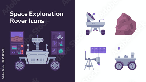 this image features a collection of flat colorful icons depicting space exploration rovers robotic arms and martian landscape elements on a dark background high quality professional