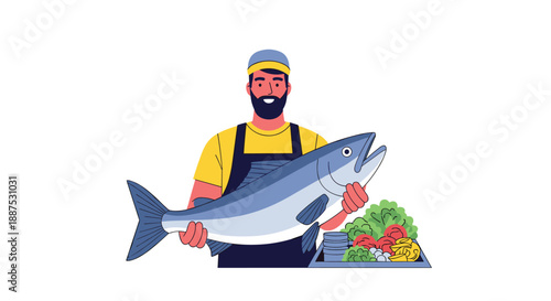 Professional male fishmonger or chef proudly displays a large fresh salmon alongside a tray of healthy green vegetables.