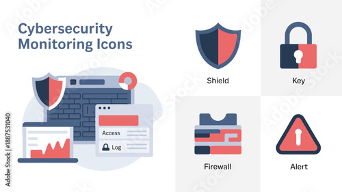 a visual representation of cybersecurity monitoring showcases icons including a shield key firewall alert symbol and a secure network interface high quality professional detailed modern elegant