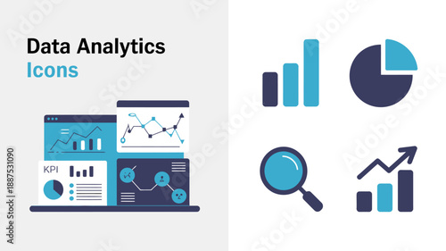 visualizing data analytics concepts with icons depicting graphs charts a laptop magnifying glass and upward trending arrow high quality professional detailed modern elegant stylish clean crisp