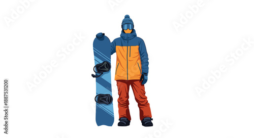 Male snowboarder dressed in colorful winter gear stands confidently while holding a blue snowboard against a white background.