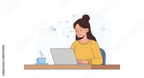 Focused young woman works on her laptop at a desk with a steaming cup of coffee and abstract thought bubbles in the background.