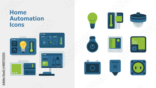 a collection of colorful home automation icons depicting smart devices like lights thermostats security cameras and control panels high quality professional detailed modern elegant stylish clean