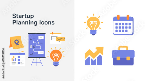 the image displays a collection of startup planning icons including a lightbulb calendar briefcase chart and monitor suggesting business strategy high quality professional detailed modern elegant