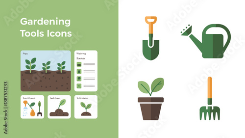 a vibrant display of gardening tools and plant life icons presented on a split green and white background showcasing cultivation essentials high quality professional detailed modern