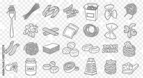 Hand-Drawn Pasta Shapes and Italian Food Doodles Clipart Set