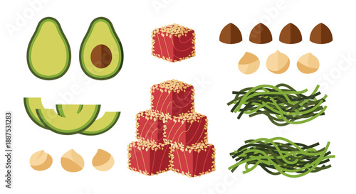 A flat lay illustration of various poke bowl ingredients including avocado, diced tuna, hazelnuts, and seaweed, ready for preparation.