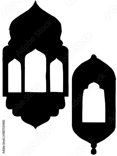 Traditional Arabic hanging lantern collection, black paper cut style, ornate Islamic patterns, clean vector art, monochrome, isolated on white background