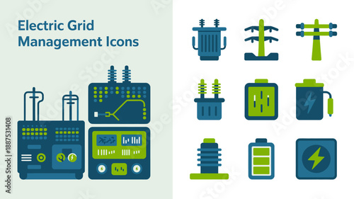 a visual collection of electric grid management icons depicts substations power lines transformers and energy symbols in a blue and green color scheme high quality professional