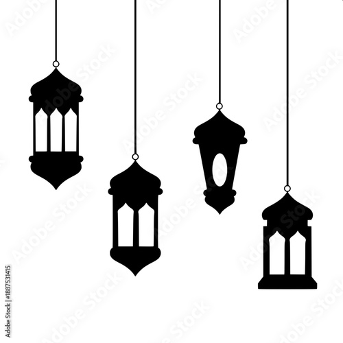 Traditional Arabic hanging lantern collection, black paper cut style, ornate Islamic patterns, clean vector art, monochrome, isolated on white background