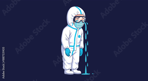Person wearing a white medical hazmat suit and protective gear cries heavily with blue tears streaming down their face.