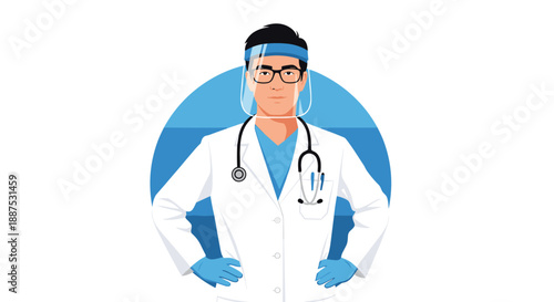 Professional male doctor in a white coat and stethoscope wears a transparent face shield and blue gloves for protection.