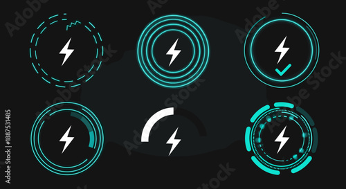 Electric Energy Charging Icons – Neon Power Symbol UI Set