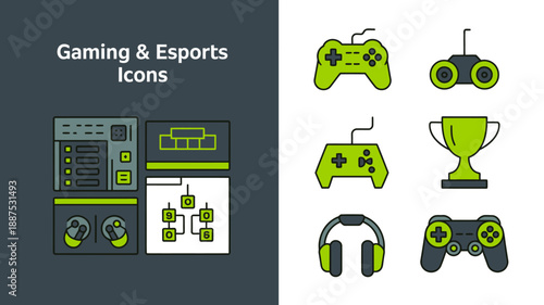 a collection of gaming and esports icons displayed in a simple colorful design including controllers headsets and trophies high quality professional detailed modern elegant stylish clean