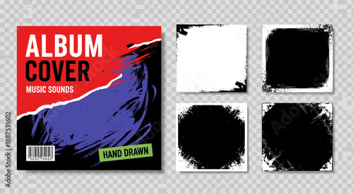 Grunge Album Cover & Brush Texture Frames – Hand-Drawn Edges PNG Set