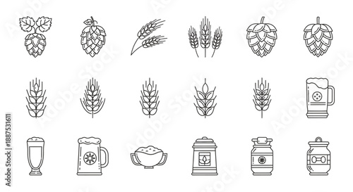 Line art icons of beer brewing ingredients and products including hops, wheat, barley, beer mugs, and containers.