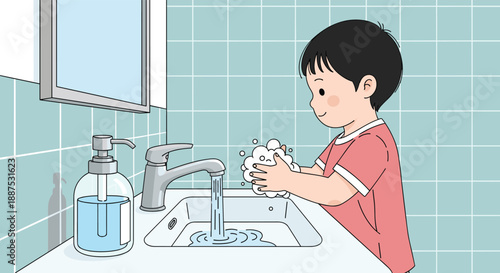 Young boy practices good hygiene by washing his hands with soap and water at a bathroom sink with a blue liquid dispenser.
