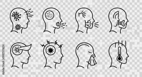 Health Symptoms Line Icon Set – Headache, Cough, Sinus & Pain Illustrations