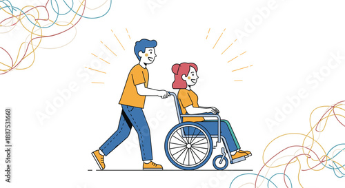 Happy young man pushes a smiling woman in a wheelchair as they enjoy a day out together in this heartwarming vector illustration.