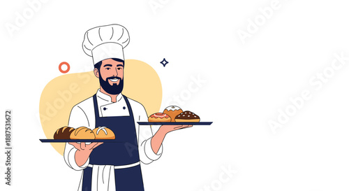Friendly male baker in a professional white uniform and hat holds two trays of freshly baked bread and delicious pastries.