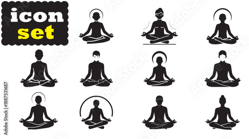 Yoga Meditation Icon Set, Editable Solid Vector Illustration