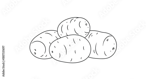 Simple black and white line drawing depicts a small group of raw potatoes piled together in a clean minimalist design style.