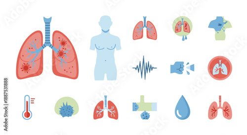 A comprehensive set of medical icons illustrating lung health, diseases, symptoms, and human anatomy.