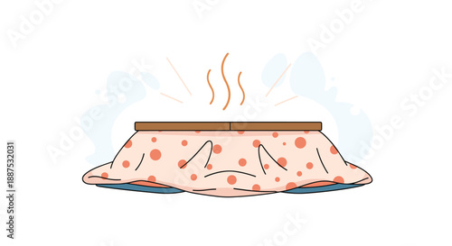 Traditional Japanese kotatsu heated table with a patterned cover is shown with steam rising from it in a cozy home environment.