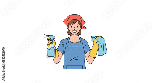 Cheerful female professional cleaner wearing a blue apron and red headscarf, holding a spray bottle and a microfiber cloth for home sanitization.