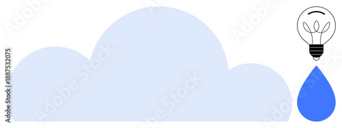 Innovation, cloud computing, sustainability, renewable energy, eco-consciousness, technology. Blue cloud, lightbulb and water drop ideas and eco-friendly technology. Innovation and cloud computing