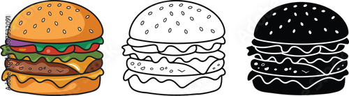 Burger icon set, colorful cheeseburger illustration with outline and silhouette styles for fast food menu branding design, vector sticker artwork
