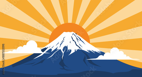 Stylized illustration of Mount Fuji in Japan with a large orange sun and radiant beams behind the snow-capped peak and clouds.
