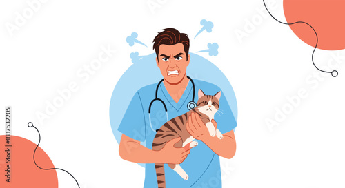 Frustrated male veterinarian in blue scrubs holding a confused cat, showing signs of anger with steam coming out of his ears.