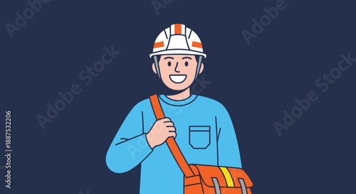 Smiling male construction worker wearing a white hard hat and carrying an orange equipment bag, ready for a day of labor and building.